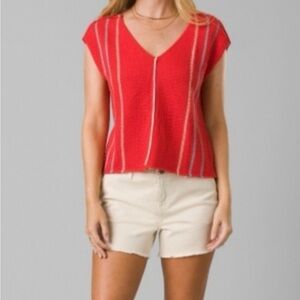 Prana Wave Maker Red Stripe V-neck Organic Cotton Sleeveless Sweater Top Beach M